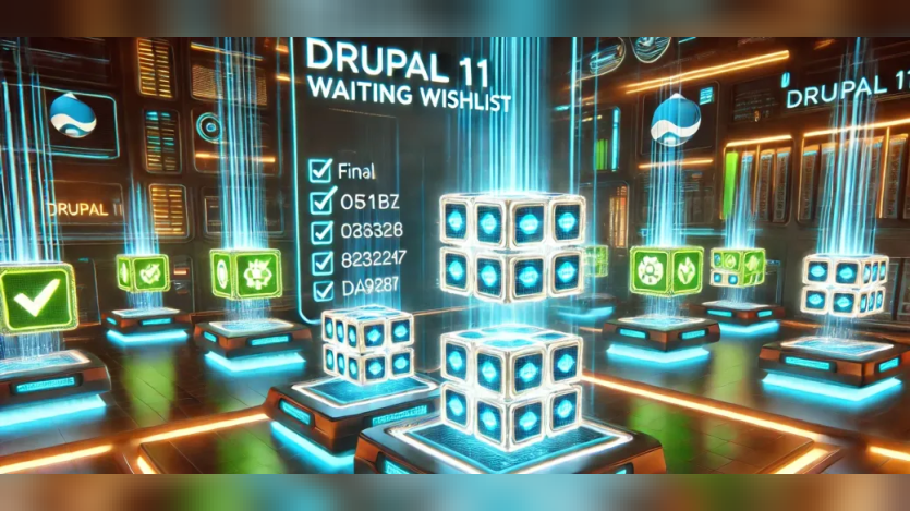 A futuristic, technological operating theatre featuring a 'Drupal 11 Waiting Wishlist'