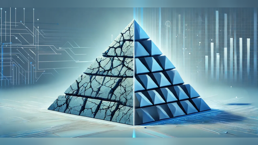 A clean, wide-format digital illustration of two pyramids side by side, clearly distinct, in blue tones. 