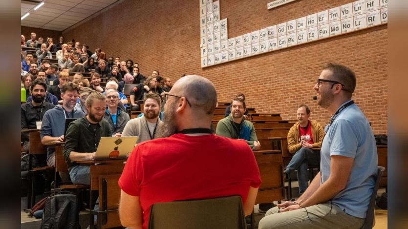 Dries Buytaert doing a Q&A at Drupal Dev Days in Leuven