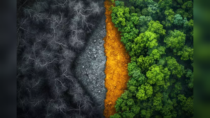 Green forest and burned down forest