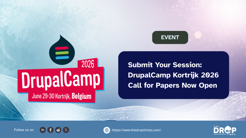 Vertical social media card with a neutral background and clean, centered typography. The title reads “Kortrijk 2026 Call Opens” and the deck states “Session proposals are now invited for the 29–30 June 2026 event, welcoming speakers across experience levels and disciplines.” The card presents an informational update about DrupalCamp Kortrijk 2026 opening its Call for Papers and encouraging broad community participation.