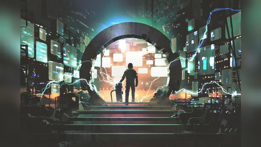 A man infront of a portal