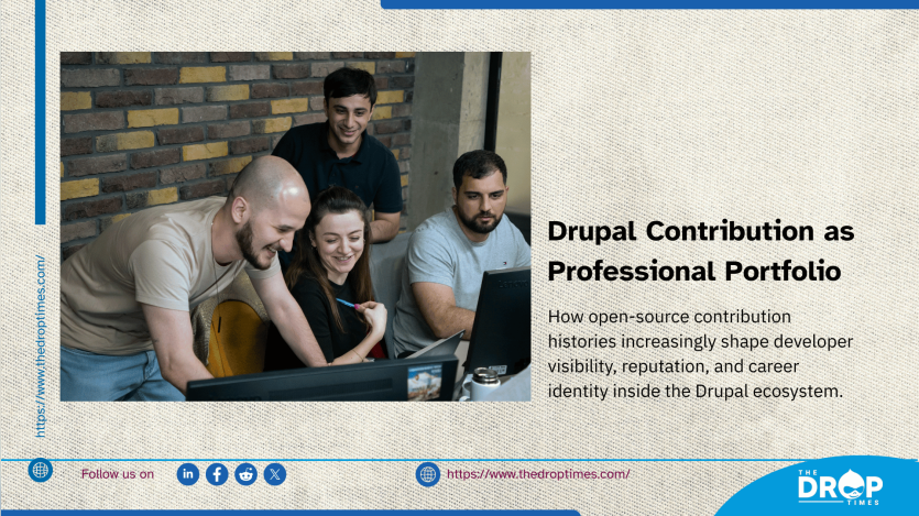 Illustrated graphic about Drupal contribution history as part of developer visibility, reputation, and professional portfolio building.