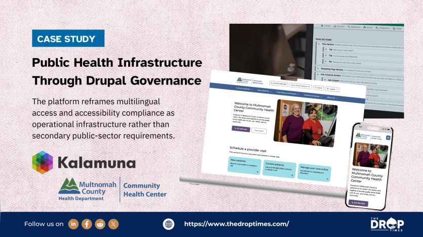 Hero image featuring branding related to Kalamuna, Drupal, and Multnomah County Health Department with a clean civic-service visual layout. The card title reads “Public Health Infrastructure Through Drupal Governance” and the deck reads “The platform reframes multilingual access and accessibility compliance as operational infrastructure rather than secondary public-sector requirements.”