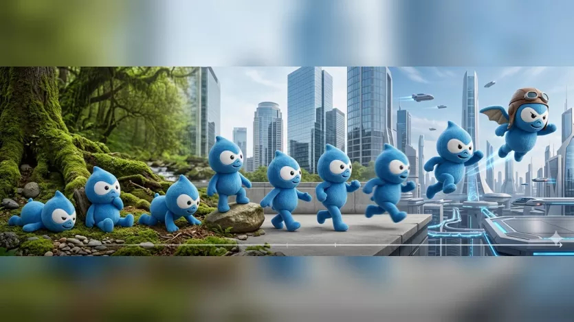 A panoramic digital illustration showing a progression of the blue Drupal mascot evolving from a crawling creature in a mossy forest, to a walking and running figure in a modern city, and finally to a flying hero wearing a pilot helmet in a futuristic, sci-fi cityscape.