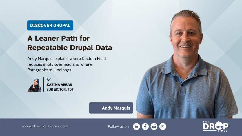 Hero image for a Drupal article on Custom Field and Paragraphs. Title text reads “A Leaner Path for Repeatable Drupal Data.” Deck text says Andy Marquis explains where Custom Field reduces entity overhead and where Paragraphs still belongs.