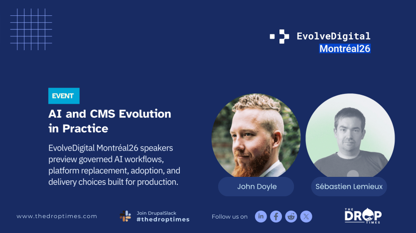 Hero image for an EvolveDigital Montréal26 feature, with the title “AI and CMS Evolution in Practice” and a deck about governed AI workflows, platform replacement, adoption, and production delivery choices.