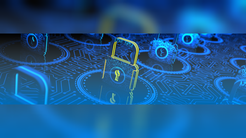 A security-themed illustration featuring multiple glowing blue digital padlocks arranged across a circuit board background, symbolizing robust cybersecurity and data protection.