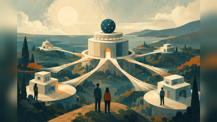 The image depicts a stylized, architectural illustration of a central hub connected to multiple smaller structures by luminous pathways, symbolizing a centralized system with distributed points, with several individuals looking on from a foreground hilltop.