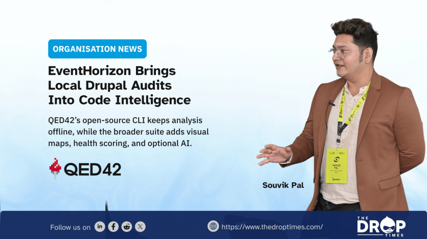Hero image for a story on QED42’s EventHorizon, showing the idea of local Drupal code auditing and code intelligence. The image supports the headline “EventHorizon Brings Local Drupal Audits Into Code Intelligence” and the deck about an open-source CLI, visual maps, health scoring, and optional AI.