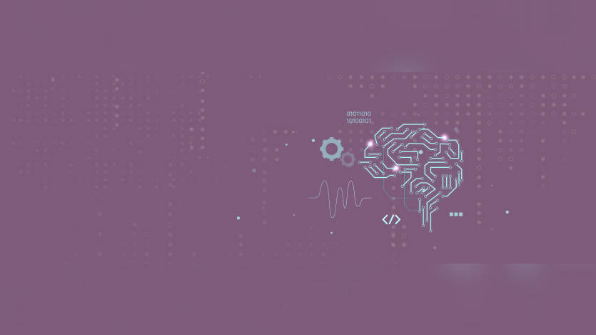     A wide banner graphic with a muted magenta or dusty purple background featuring a subtle digital dot-matrix grid pattern. On the right side, there is a glowing neon-cyan illustration of a human brain formed by circuit board paths and glowing nodes. Surrounding the brain illustration are small technical symbols, including binary code, dual interlocking gears, a soundwave line, and a source code icon