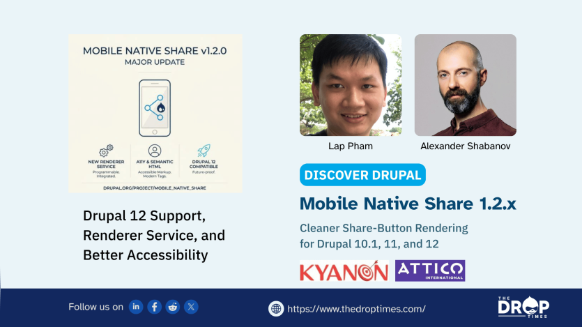 Hero graphic for Mobile Native Share 1.2.x showing Drupal 12 support, a renderer service update, accessibility improvements, portraits of Lap Pham and Alexander Shabanov, and logos for Kyanon Digital and Attico International.