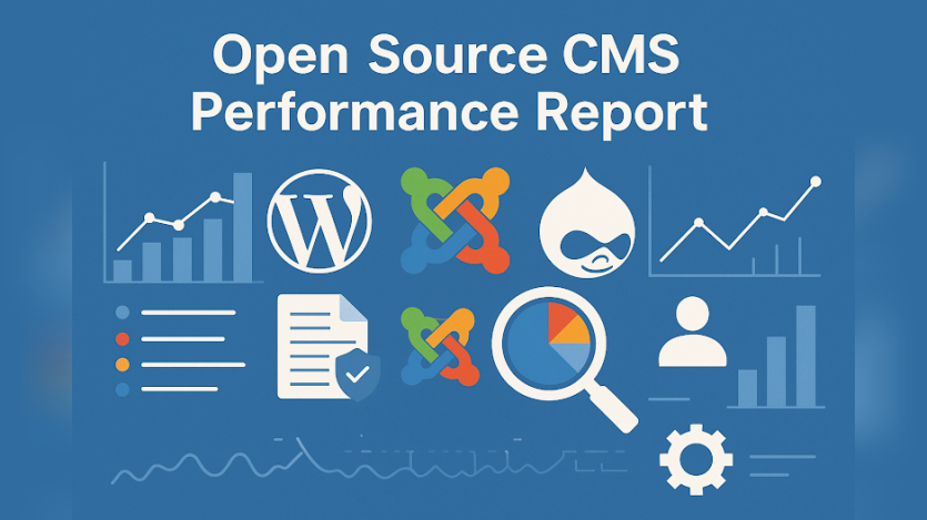 > Promotional graphic titled "Open Source CMS Performance Report" on a blue background. The title is accompanied by logos for WordPress, Joomla, and Drupal, surrounded by various data analysis icons, including bar charts, line graphs, a magnifying glass over a pie chart, a user profile, a gear, and a secured document checklist.