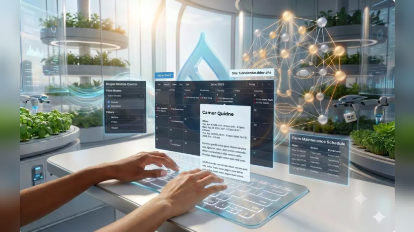 A futuristic, high-tech workspace image featuring an individual interacting with a transparent, illuminated holographic interface that displays a "June 2026" calendar, a "Drupal Module Control" panel, and a "Farm Maintenance Schedule."