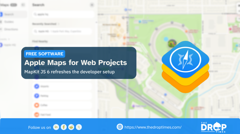 Promotional graphic titled "Apple Maps for Web Projects," announcing that MapKit JS 6 refreshes the developer setup. The background features a blurred Apple Maps interface with WebKit Logo on the right.