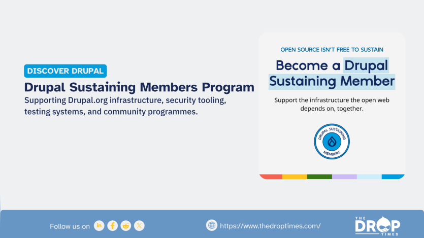Promotional graphic highlighting the "Drupal Sustaining Members Program." The text emphasizes supporting Drupal.org's infrastructure, security tooling, testing systems, and community programs, inviting readers to "Become a Drupal Sustaining Member" to support the open web.