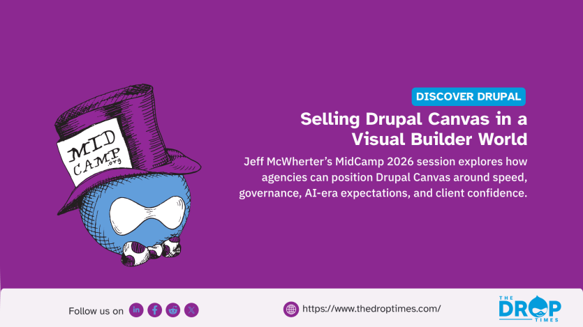 Promotional graphic from The Drop Times for a MidCamp 2026 session titled "Selling Drupal Canvas in a Visual Builder World" by Jeff McWherter. The graphic features a blue MidCamp mascot.
