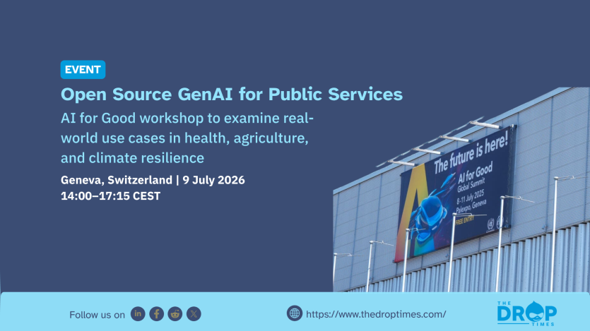 Event graphic titled "Open Source GenAI for Public Services," detailing an AI for Good workshop in Geneva, Switzerland on 9 July 2026. The right side shows a large building facade with an outdoor billboard advertisement for the "AI for Good Global Summit."