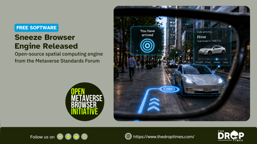 Promotional graphic titled "Sneeze Browser Engine Released," introducing an open-source spatial computing engine from the Metaverse Standards Forum. The layout includes an "Open Metaverse Browser Initiative" badge and an augmented reality point-of-view image showing digital interface overlays, graphics, and ride-hailing tracking information superimposed onto a real-world street view of an arriving car.