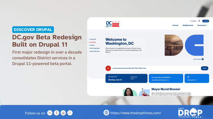 A promotional graphic titled "DC.gov Beta Redesign Built on Drupal 11," which showcases the portal's first major redesign in over a decade, highlighting its consolidation of District services into a Drupal 11-powered platform.