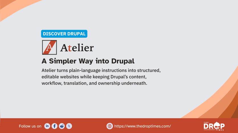 Discover Drupal graphic featuring the Atelier logo and orange curved accents. Text reads "DISCOVER DRUPAL". "Atelier". "A Simpler Way into Drupal". "Atelier turns plain language instructions into structured. editable websites while keeping Drupal’s content. workflow. translation. and ownership underneath." and "The DropTimes".