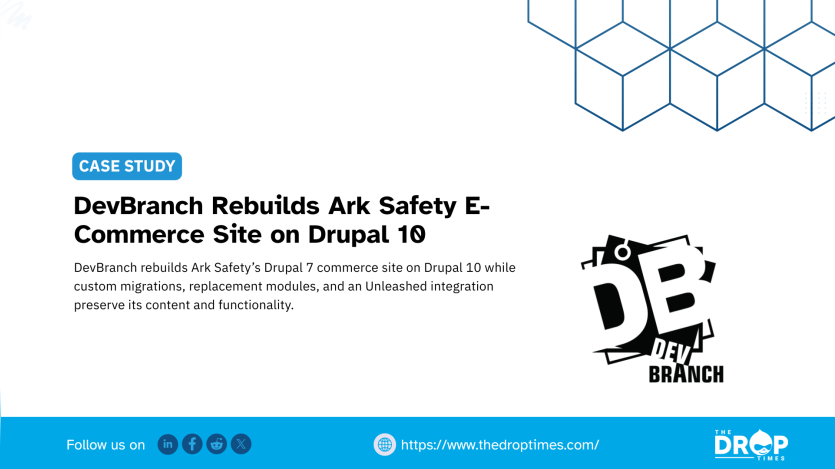  TDT hero card about Ark Safety’s Drupal commerce rebuild. Title: “DevBranch Rebuilds Ark Safety E-Commerce Site on Drupal 10.” Deck: “DevBranch rebuilds Ark Safety’s Drupal 7 commerce site on Drupal 10 while custom migrations, replacement modules, and an Unleashed integration preserve its content and functionality.”