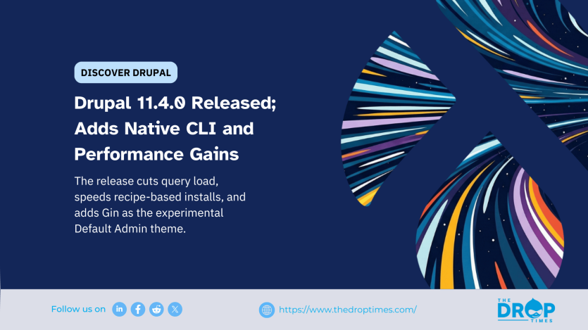 Hero image for a Drupal 11.4.0 release story, showing a stylised Drupal drop graphic and text highlighting native CLI, performance gains, faster recipe-based installs, and the experimental Default Admin theme.