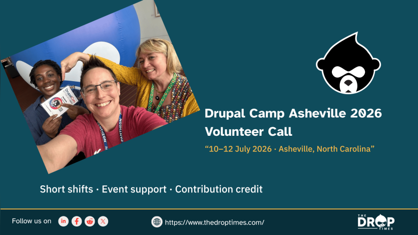 Graphic for Drupal Camp Asheville 2026 volunteer call, showing the event logo and icons for registration, session support, wayfinding, and logistics.