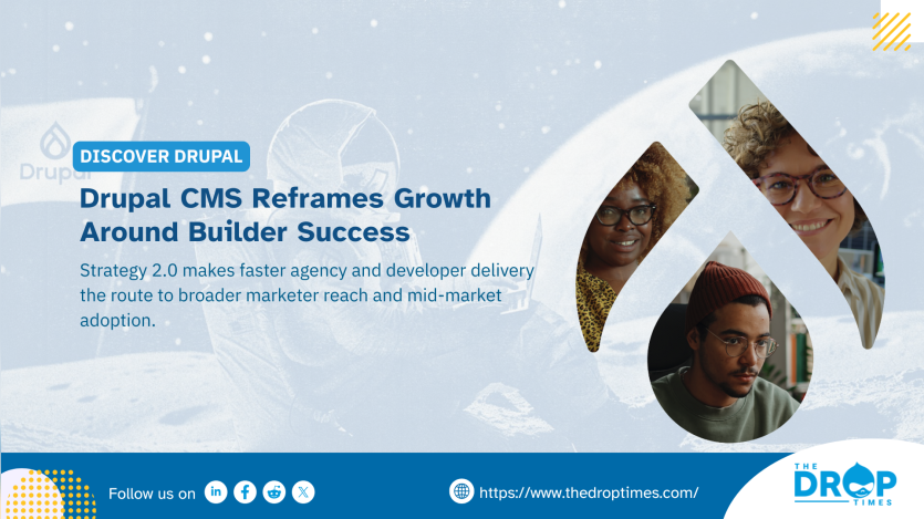 Horizontal TDT home image titled “Drupal CMS Reframes Growth Around Builder Success.” Deck: “Strategy 2.0 makes faster agency and developer delivery the route to broader marketer reach and mid-market adoption.”