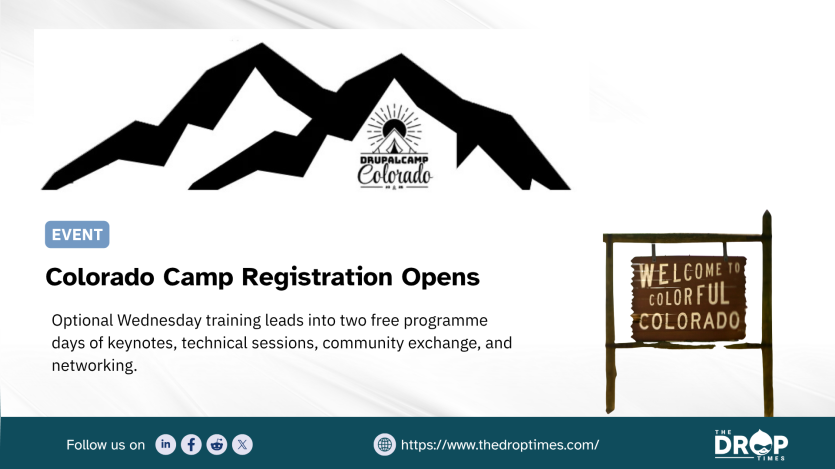 Horizontal TDT home image titled “Colorado Camp Registration Opens.” Deck: “Optional Wednesday training leads into two free programme days of keynotes, technical sessions, community exchange, and networking.” Metadata shows 26–28 August 2026 and registration open.