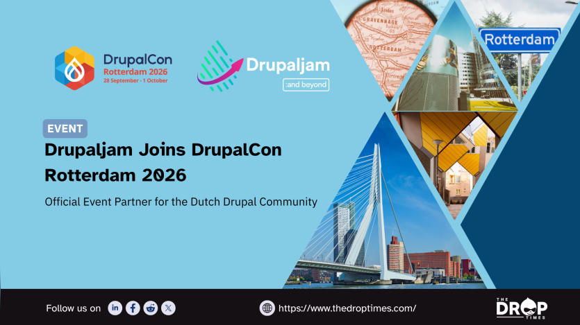 TDT event card for DrupalCon Rotterdam 2026. Title: “Drupaljam Joins DrupalCon Rotterdam 2026.” Deck: “Official Event Partner for the Dutch Drupal Community.”