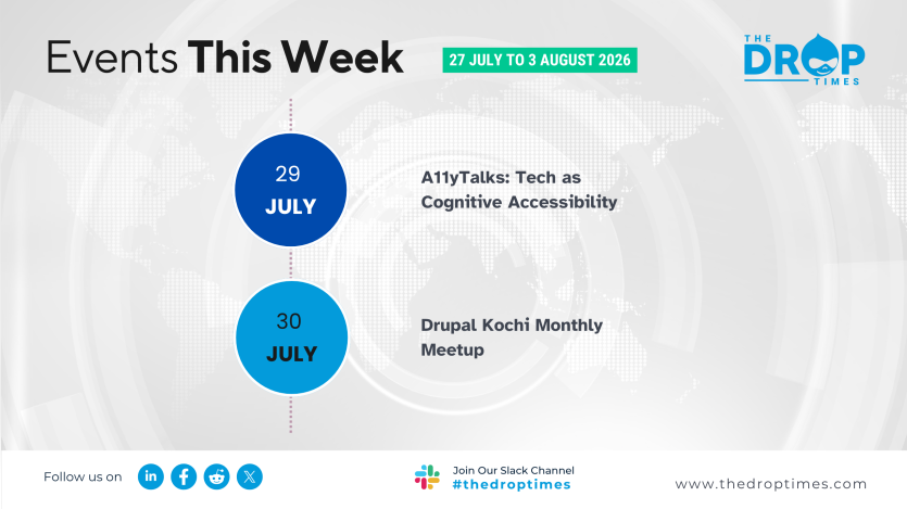 Weekly events graphic for July 27 to August 3 2026 with a pale world map background. Text lists "A11yTalks. Tech as Cognitive Accessibility" on July 29 and "Drupal Kochi Monthly Meetup" on July 30. The DropTimes branding appears in the upper right.