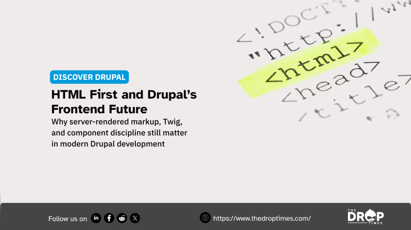 Discover Drupal graphic titled “HTML First and Drupal’s Frontend Future” with text reading “Why server-rendered markup, Twig, and component discipline still matter in modern Drupal development.” The right side shows blurred HTML code with “<html>” highlighted in yellow, with The Drop Times branding and website link along the bottom.