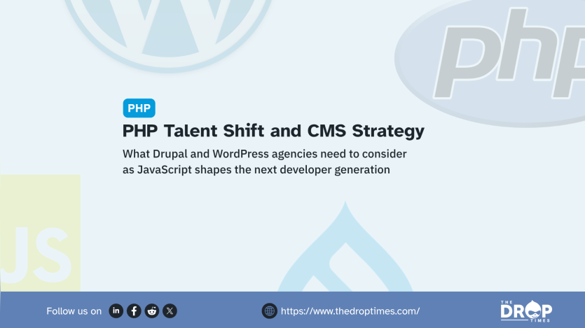 PHP graphic titled “PHP Talent Shift and CMS Strategy” with text reading “What drupal and WordPress agencies need to consider as JavaScript shapes the next developer generation.” Faint WordPress, PHP, JavaScript, and Drupal graphics appear in the background, with The Drop Times branding and website link along the bottom.