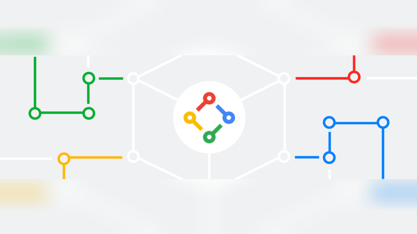 Abstract light gray technology banner with connected lines and circular nodes in green, yellow, red, and blue. A central white circle contains a small multicolor network icon, suggesting connected systems or digital infrastructure.