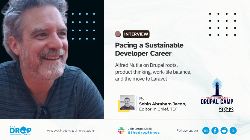 Hero image for an archive interview with Alfred Nutile, with his profile positioned to one side. The title reads “Pacing a Sustainable Developer Career,” with a deck on Drupal roots, product thinking, work-life balance, and his move to Laravel.