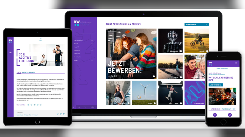 Responsive website mockup for RWU Hochschule Ravensburg Weingarten displayed on a laptop, tablet, and phone. The screens show purple navigation panels, study program pages, and German text.