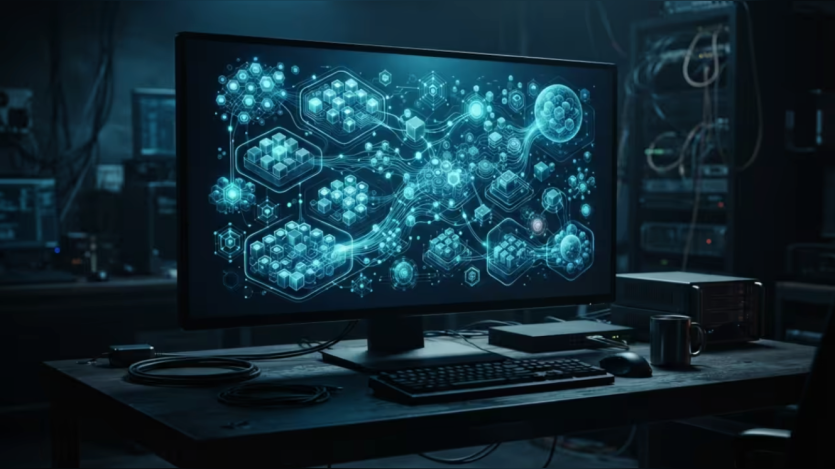 A dark computer workstation in a server room shows a large monitor filled with glowing blue network diagrams, connected data blocks, and abstract digital nodes. A keyboard, mouse, cables, computer equipment, and a mug sit on the desk, reinforcing the theme of complex digital infrastructure and data systems.