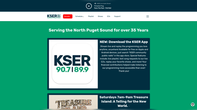 KSER community public radio website with a live audio player and navigation menu above a green homepage section. The page promotes the KSER app with the text "Serving the North Puget Sound for over 35 Years" and "NEW. Download the KSER App" beside the KSER 90.7 and 89.9 logo.