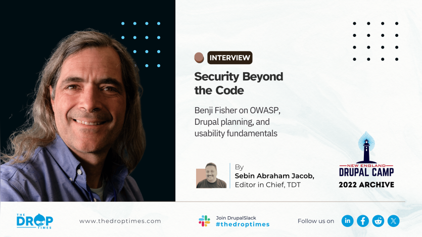 Hero image for an archive interview with Benji Fisher, with his profile positioned to one side. The title reads “Security Beyond the Code,” with a deck on OWASP, Drupal planning, and usability fundamentals.