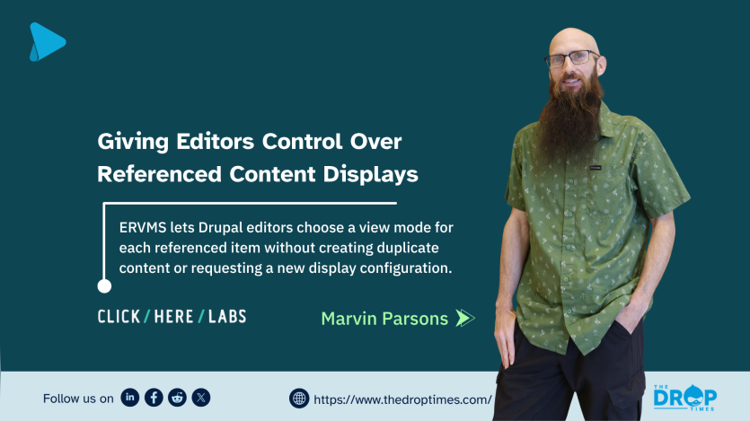 Cover image for an ERVMS guest article showing the author beside the headline “Giving Editors Control Over Referenced Content Displays,” with Click Here Labs and The DropTimes branding.