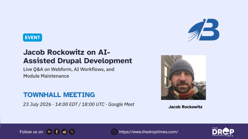 TDT card featuring Jacob Rockowitz. Title: “Jacob Rockowitz on AI-Assisted Drupal Development.” Deck: “Live Q&A on Webform, AI Workflows, and Module Maintenance.”