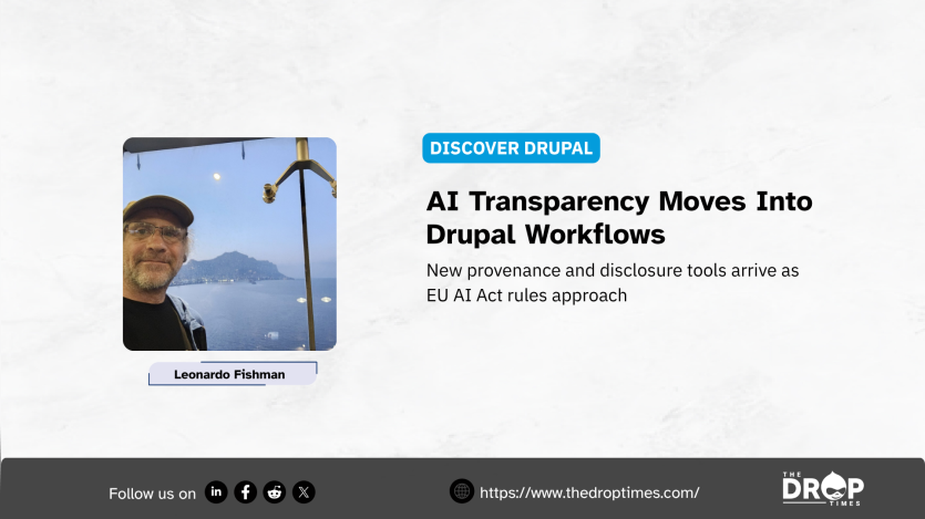 TDT hero card about AI transparency in Drupal. Title: “AI Transparency Moves Into Drupal Workflows.” Deck: “New provenance and disclosure tools arrive as EU AI Act rules approach.”