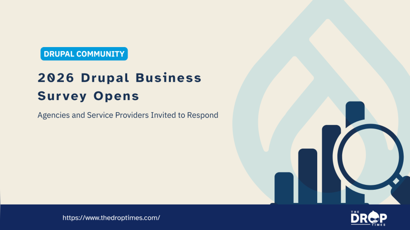 Drupal community graphic with a bar chart and magnifying glass illustration over a large Drupal droplet symbol. Text reads "DRUPAL COMMUNITY". "2026 Drupal Business Survey Opens". "Agencies and Service Providers Invited to Respond". "https://www.thedroptimes.com/". "THE DROP TIMES".