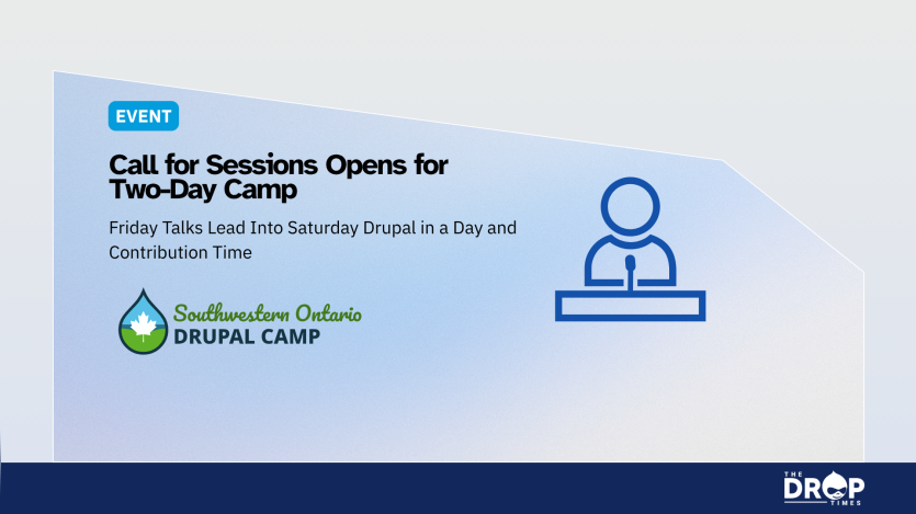 Light blue Southwestern Ontario Drupal Camp event graphic with a podium speaker icon and the camp logo. Text reads "EVENT" "Call for Sessions Opens for Two Day Camp" "Friday Talks Lead Into Saturday Drupal in a Day and Contribution Time" "Southwestern Ontario Drupal Camp" and "THE DROP TIMES".