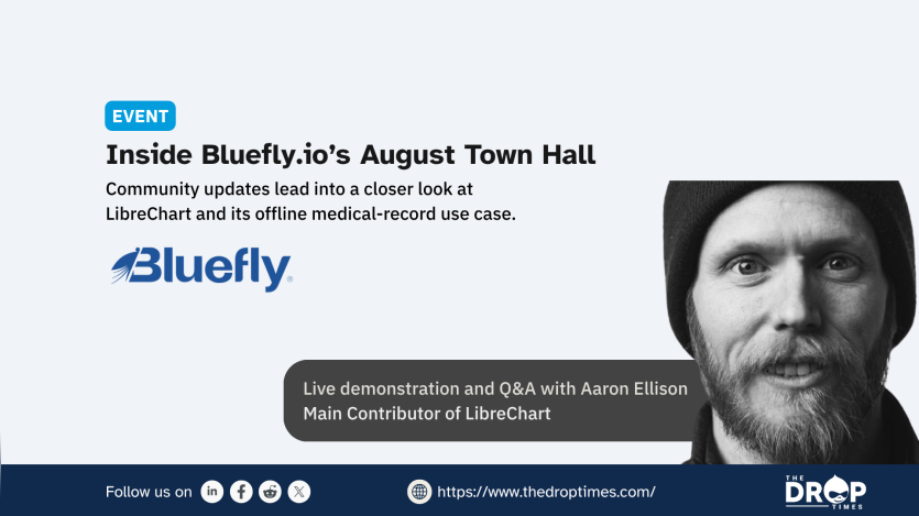 Bluefly.io August Town Hall graphic with a large black and white portrait of Aaron Ellison on the right and the Bluefly logo on the left. Text reads "Inside Bluefly.io’s August Town Hall. Community updates lead into a closer look at LibreChart and its offline medical record use case. Live demonstration and Q and A with Aaron Ellison. Main Contributor of LibreChart.