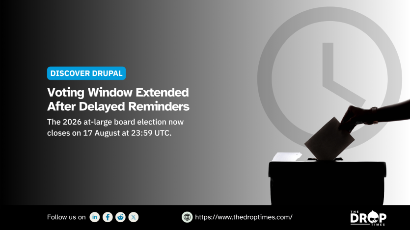 Drupal Association election graphic showing a hand placing a ballot into a box in front of a large clock to emphasize the extended voting deadline. Text reads "Voting Window Extended After Delayed Reminders. The 2026 at large board election now closes on 17 August at 23.59 UTC."