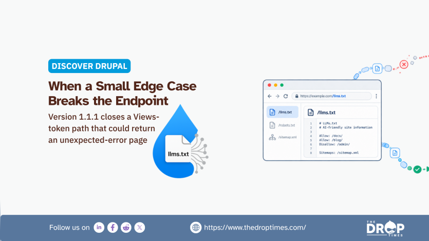 Drupal graphic showing an llms.txt file and browser interface to explain an endpoint edge case and its fix. Text reads "DISCOVER DRUPAL. When a Small Edge Case Breaks the Endpoint. Version 1.1.1 closes a Views token path that could return an unexpected error page. llms.txt. /llms.txt. /robots.txt. /sitemap.xml. # LLMs.txt. # AI friendly site information. Allow /docs/. Allow /blog/. Disallow /admin/. Sitemaps /sitemap.xml. Follow us on. https www.thedroptimes.com