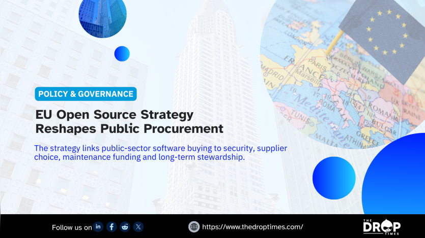 Hero image for The Drop Times. Title: “EU Open Source Strategy Reshapes Public Procurement.” Deck: “The strategy links public-sector software buying to security, supplier choice, maintenance funding and long-term stewardship.”