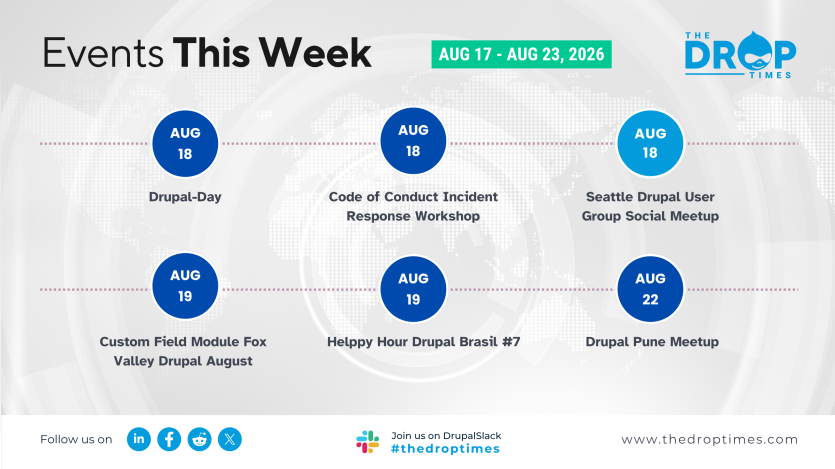 Weekly Drupal community events graphic for August 17 through August 23 2026 with six events arranged vertically by date. Text reads "Events This Week. AUG 17 AUG 23 2026. AUG 18 Drupal Day. AUG 18 Code of Conduct Incident Response Workshop. AUG 18 Seattle Drupal User Group Social Meetup. AUG 19 Custom Field Module Fox Valley Drupal. AUG 19 Helppy Hour Drupal Brasil 7. AUG 22 Drupal Pune Meetup.